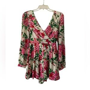 A’Gaci White Floral Print V-Neck Long Sleeve Shorts Romper Crepe Size  Small